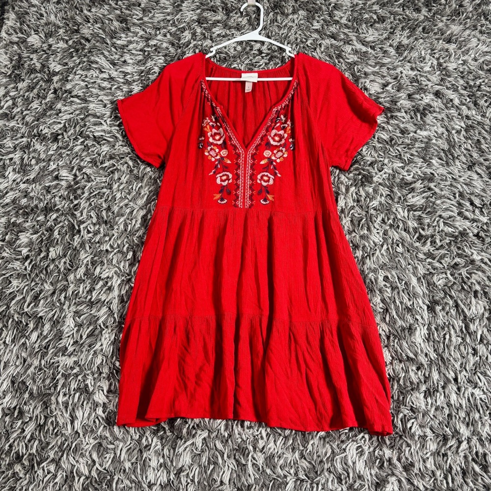 Knox Rose Red Embroidered V-Neck Tiered Babydoll Boho Dress Small RN17730